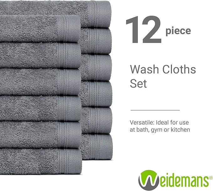 100% Cotton Washcloths Set 13” x 13” | Dark Grey Towels | Set of 18 Ultra Soft and Highly Absorbent Washcloths Sets for Bathroom, Gym, Spa | Machine Washable Face Towel