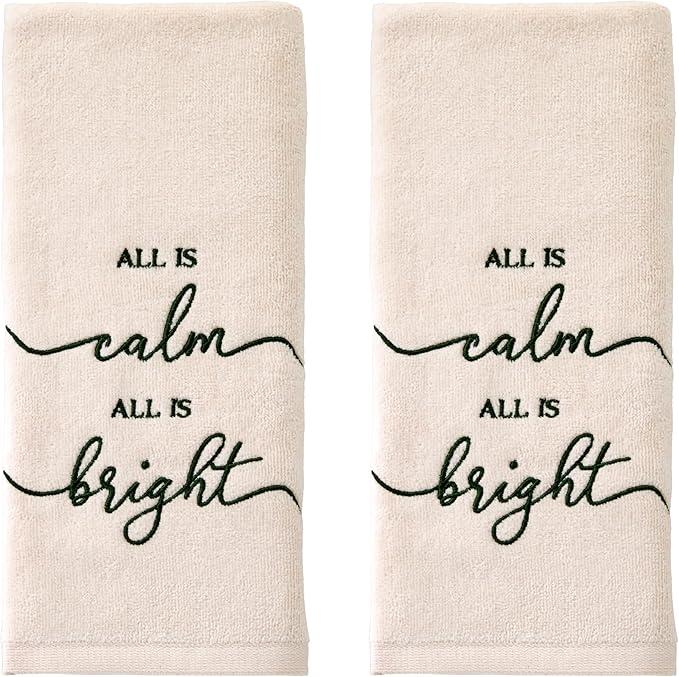 SKL Home Christmas/Winter All is Calm 100% Cotton Embroidered 2pc Hand Towel Set, Decorative for Bath/Kitchen/Bar, Natural