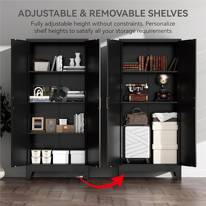 61" Tall Metal Kitchen Pantry Storage Cabinet with Double Doors & 3 Adjustable Shelves, Freestanding Cupboard for Kitchen, Dining Room, Bathroom, Black