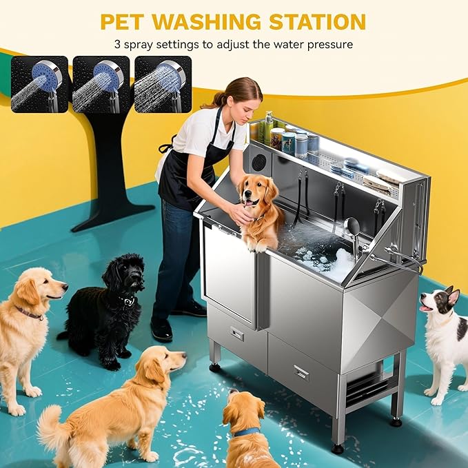DWVO Professional 50in Dog Bathing Station, Stainless Steel 304 Pet Grooming Tub w/Right Door Ramp, 2 Storage Drawers & Grate, Pet Washing Station for Small, Medium, Large Dogs