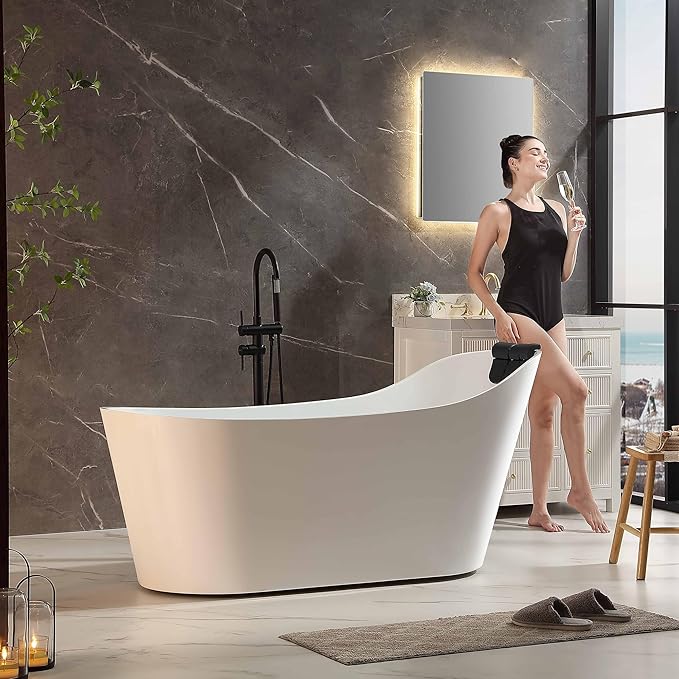 Empava Update Acrylic Whirlpool Bathtub, 67-Inch Freestanding Gracefully Oval Shaped Jetted Bathtub with Healing Chromotherapy, 16 Hydromassage Jets, Single-Ended Bathtubs with Pillow, No faucet
