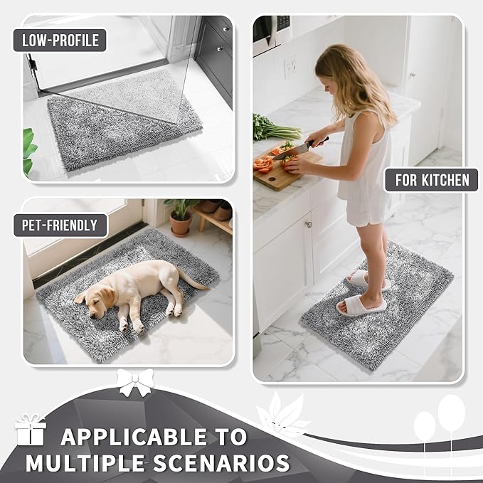 Yimobra Chenille Bathroom Rugs Non Slip, Extra Thick Soft Absorbent Bath Rug, Machine Washable Quick Dry Bath Mat for Bathroom Floor, Tub and Shower, Home Decor Accessories, 24x17, Light Grey