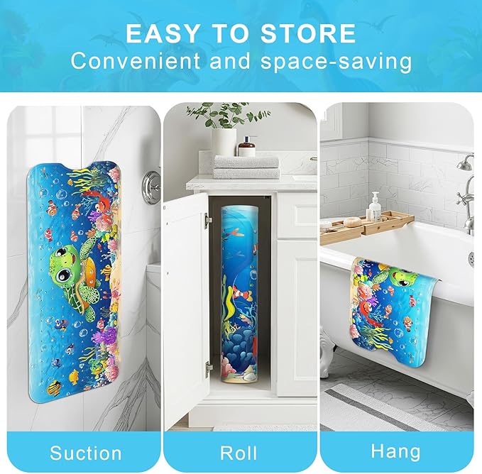 Upgrade Cartoon Baby Bath Mat Non Slip - 40"x16" Extra Long Bathtub Mat for Baby Eco Friendly Durable Bath Mat for Tub Non Slip Kids Tub Mat with Suction Cups, Machine Washable and No Fading, Turtle