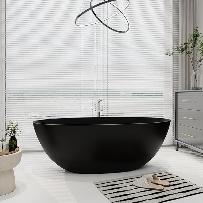 SJ STAR&JANE 65" Solid Surface Freestanding Bathtub, Oval Soaking Stone Resin Tub Stand Alone Tub with Overflow and Pop-up Drain for Bathroom Matte Black