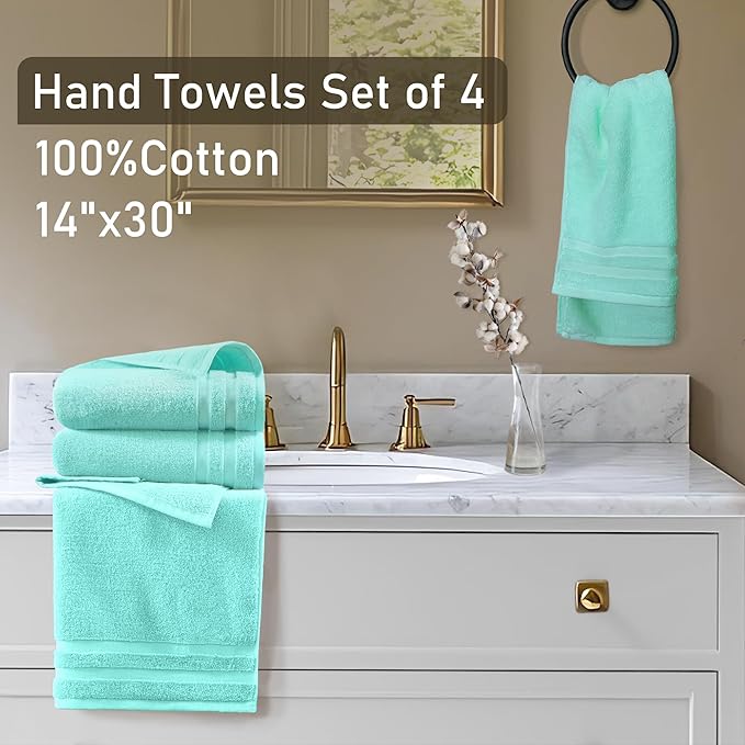 VOOVA & MOVAS Teal Hand Towels for Bathroom, Bath Hand Towels Set of 4, 14"x30" - 100% Cotton | Light Weight | Soft | Absorbent | 480GSM, Thick Fluffy Hand Towel Set, Bathroom Essentials, Aqua Teal