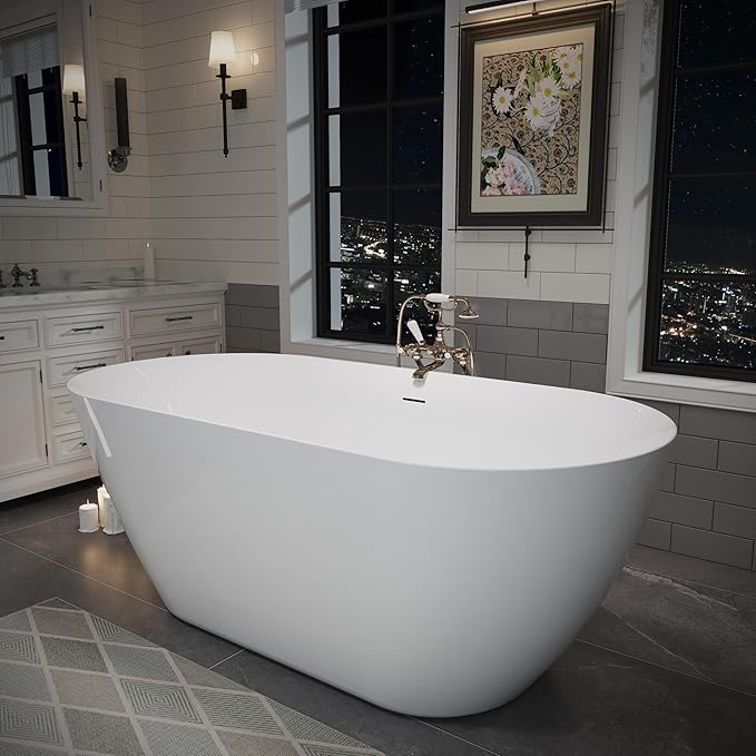 ABRUZZO 55" Acrylic Freestanding Bathtub - Oval Deep Soak Tub, Center Drain & Overflow, cUPC Certified Glossy White