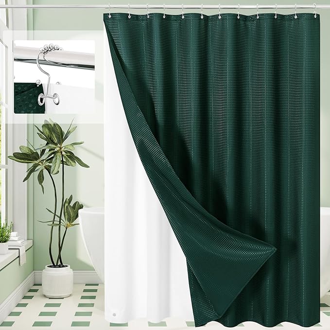 3 in 1 Extra Long Dark Green Shower Curtain Set-72 W x 84 H, Modern Waffle and PEVA Liner Set with 12 Stainless Steel Hooks, Waterproof Fabric for Bathroom