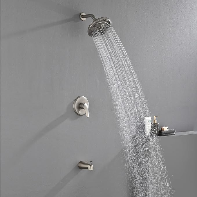 SHAMANDA Shower Tub Faucet Set with Rough-in Valve and Trim Kit, Shower System with Waterfall Diverter Tub Spout, Single Handle 8 Inch 6-Spray Rain Shower Head Combo Set, Brushed Nickel, L818-2