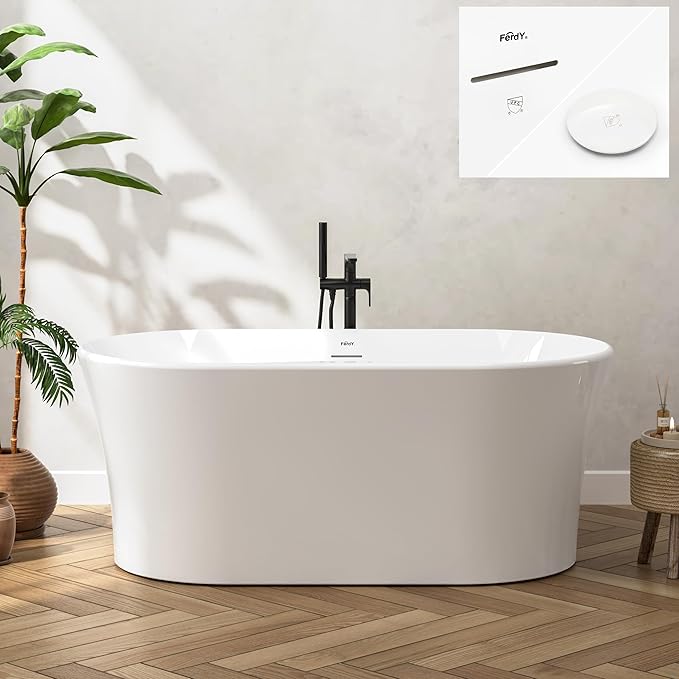 FerdY Santorini 58" Acrylic Freestanding Tub, Gracefully Shaped Contemporary Soaking Tub, Glossy White, cUPC Certified, White Toe-tap Drain and