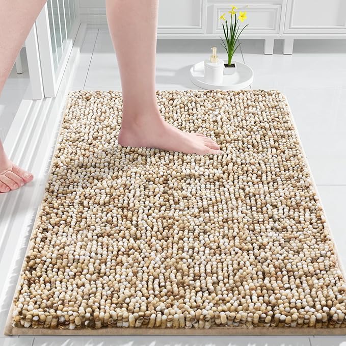 Yimobra Bath Mats for Bathroom Non Slip, 31.5x20, Extra Soft Chenille Bathroom Rugs, Fluffy Plush Luxury Shower Mat Outside, Water Absorbent, Machine Washable, Sink and Tub, Beige & Light Coffee