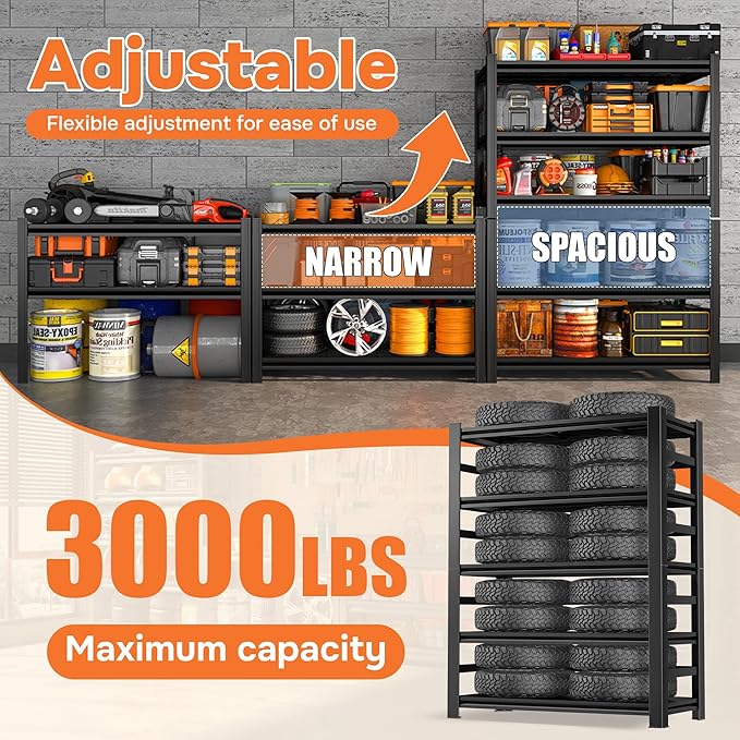 Heavy Duty Garage Shelving Unit, 5-Tier Adjustable Metal Shelves for Storage, Steel Racks for Garage Organization, 3000 lbs Capacity, Black