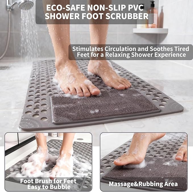 Bath Tub Shower Mat with Soft Shower Foot Scrubber Mat for Massage,Non Slip Bathtub Mat with Strong Suction Cups, Silicone Shower Foot Scrubber Mat (Gray, 35.4" X 23.6"(Rectangular))