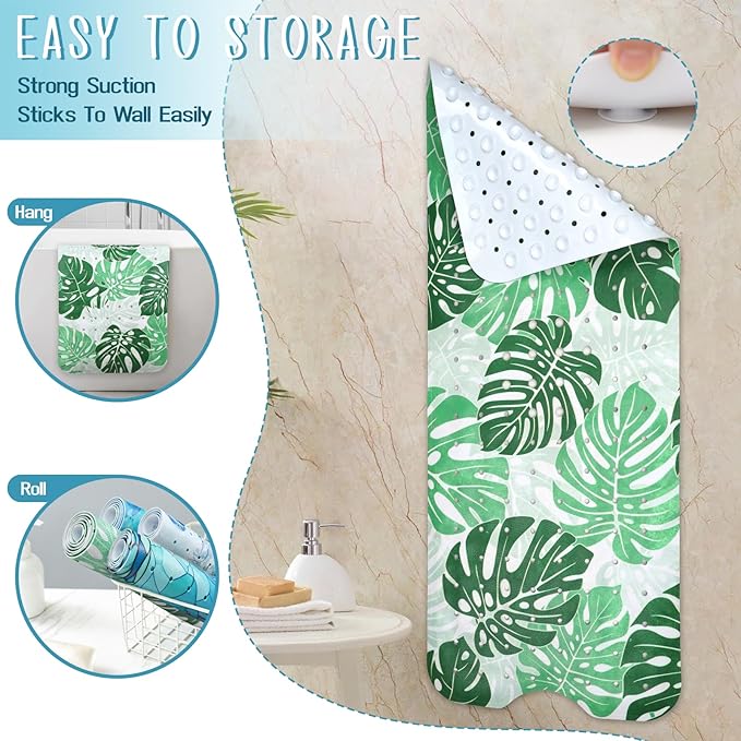 Tropical Leaves Bathtub Mat Non Slip, Boho Bath Tub Mat Baby Bath Mats for Bathroom Anti Slip Shower Mats for Inside Shower, Green Plants Bathmat with Suction and Drain Holes Machine Washable, 40″x16″