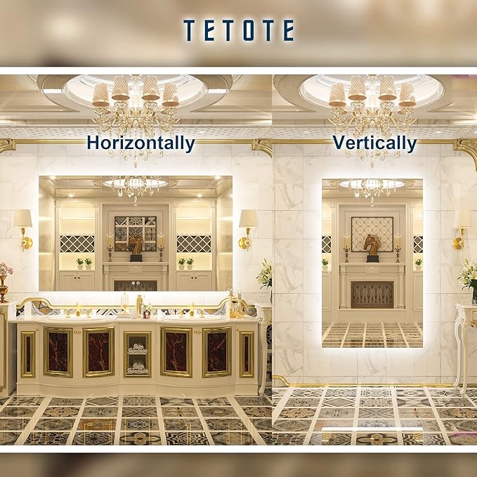 TETOTE 60 x 36 Inch LED Backlit Bathroom Vanity Mirror with Light,Anti-Fog,Dimmable,CRI90+,Touch Button,Water Proof,Large,Lighted Mirror,Horizontal/Vertical Wall Mounted