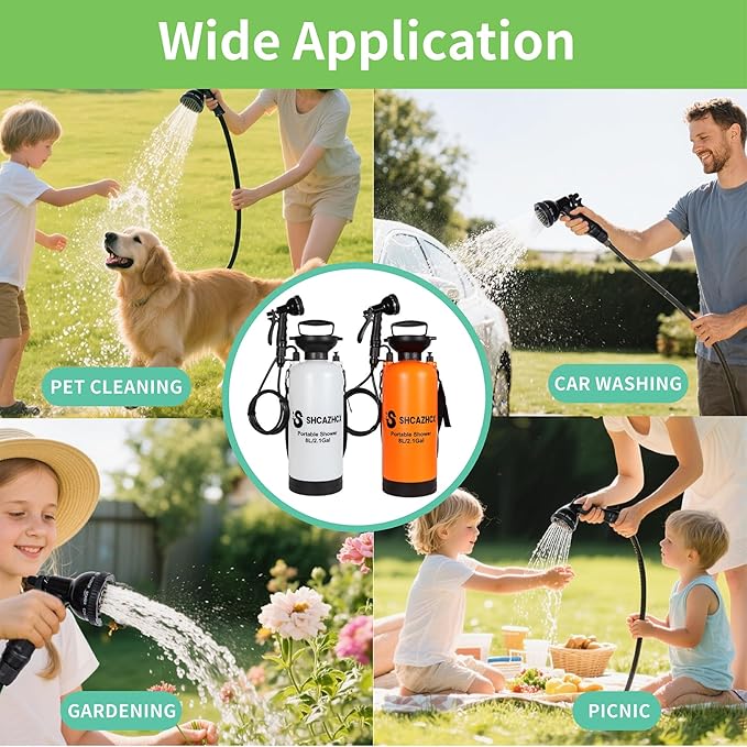 2.1 Gallon/8L Portable Outdoor Shower, 10 Spray Modes, No Power Needed, Insulated Sleeve Keeps Water Warm, Multi-Use Sprayer for Camping, Beach & Surfing, Fishing, Hiking, Road Trips, White