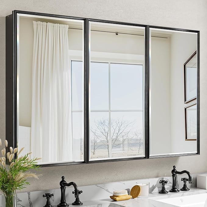 48x30 Black Medicine Cabinet with Mirror, Surface or Recessed Pre-Assembled Medicine Cabinet Mirror for Bathroom, Aluminum Beveled Frame Bathroom Vanity Mirror with Adjustable Shelves Storage