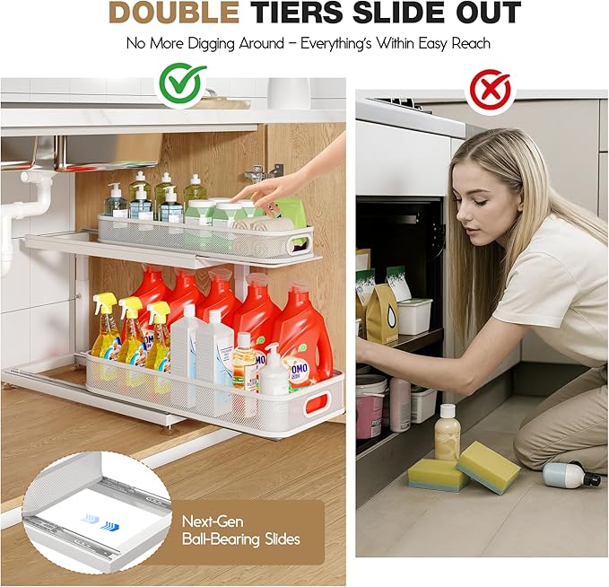 2-Pack 18.5 IN Depth Under Sink Organizer With Next-Gen Ball-Bearing Slides,Sophisticated Mesh 2-Tier Pull Out Shelf for Kitchen & Bathroom,Fits Small Items-Gun Gray