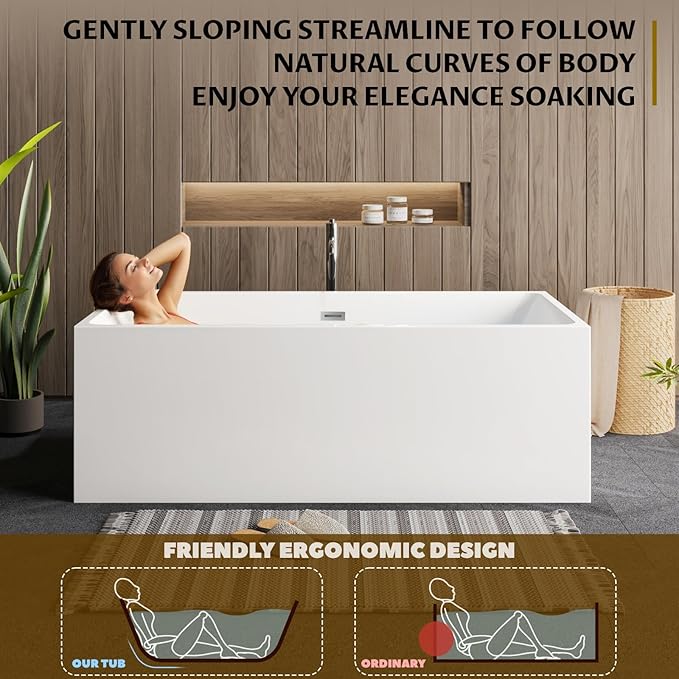 67" Acrylic Freestanding Bathtub - Modern Rectangular Soaking Tub, Glossy White Finish, Chrome Linear Overflow & Drain Kit, CUPC Certified
