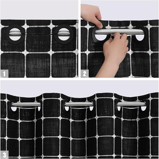 MitoVilla No Hooks Needed Boho Farmhouse Shower Curtain with Snap-in Liner, Cotton Linen Fabric Shower Curtains with Tassels for Rustic Neutral Bathroom Decor, Black and White, 72 x 74