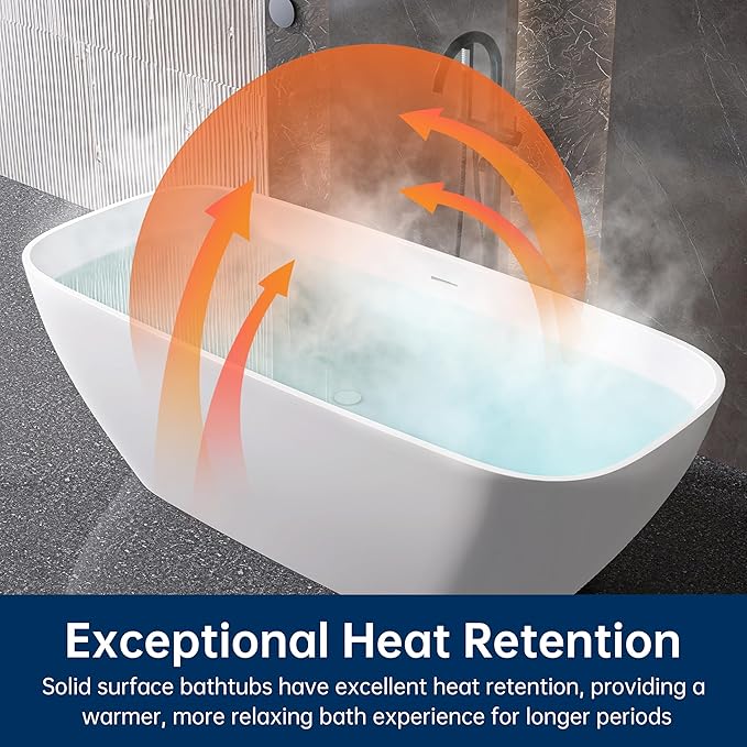 67'' Freestanding Bathtub Resin Stone Deep Soaking Tubs Solid Surface Matte Tub with Overflow and Pop-up Drain