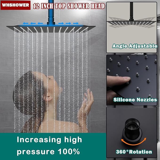 Rainfall Shower System with 12+8+8" Three Top Shower Heads, Body Jets and Handheld Shower,Matte Black Full Body Shower System with Digital Display Valve