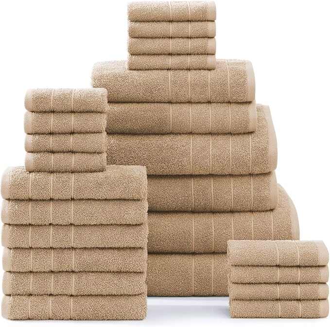 Casa Platino 100% Mercerized Cotton Bathroom Towels Set - 24 Pc - Ringspun, Soft & Absorbent - 2 Bath Sheets, 2 Gym, 2 Bath, 4 Fingertip, 6 Hand Towels, 8 Washcloths - Double Sided Terry - Beige