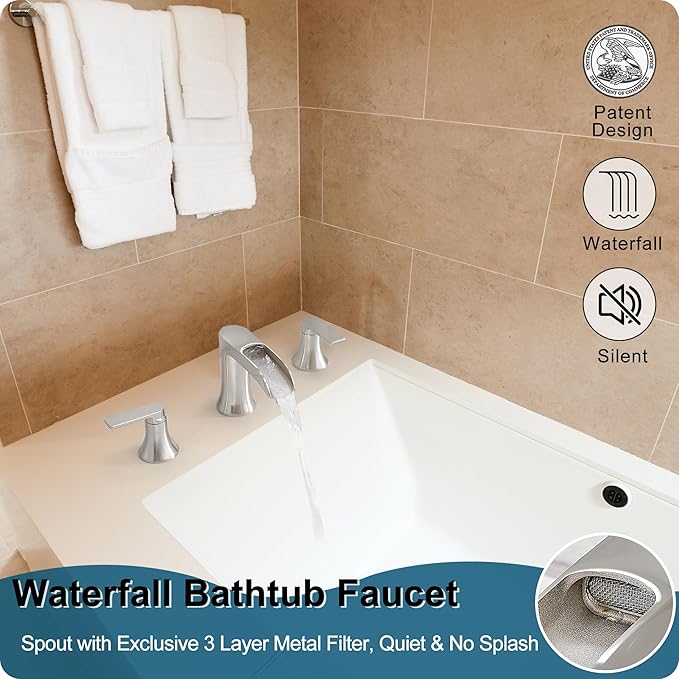 Brushed Nickel Tub Faucet Set 3 Hole, Brass Deck Mount Waterfall Bathtub Faucet Set, High Flow Widespread 6-16 Inch Roman Tub Faucets 2 Handle