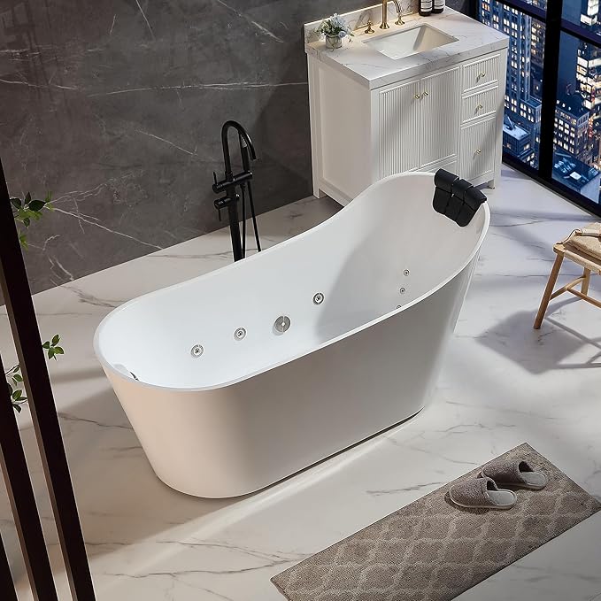 Empava Update Acrylic Whirlpool Bathtub, 67-Inch Freestanding Gracefully Oval Shaped Jetted Bathtub with Healing Chromotherapy, 16 Hydromassage Jets, Single-Ended Bathtubs with Pillow, No faucet