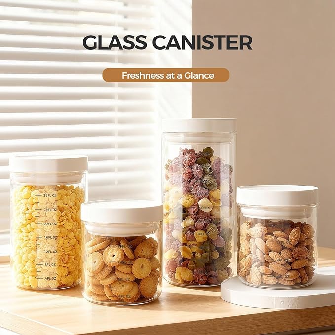 Danbark Set of 6 Mixed Sizes Airtight Glass Storage Canisters with Lids - Pantry Organizers and Storage Glass for Kitchen - for Pantry, Flour, Sugar, Coffee, Tea, Pasta, Rice, and Snacks - White