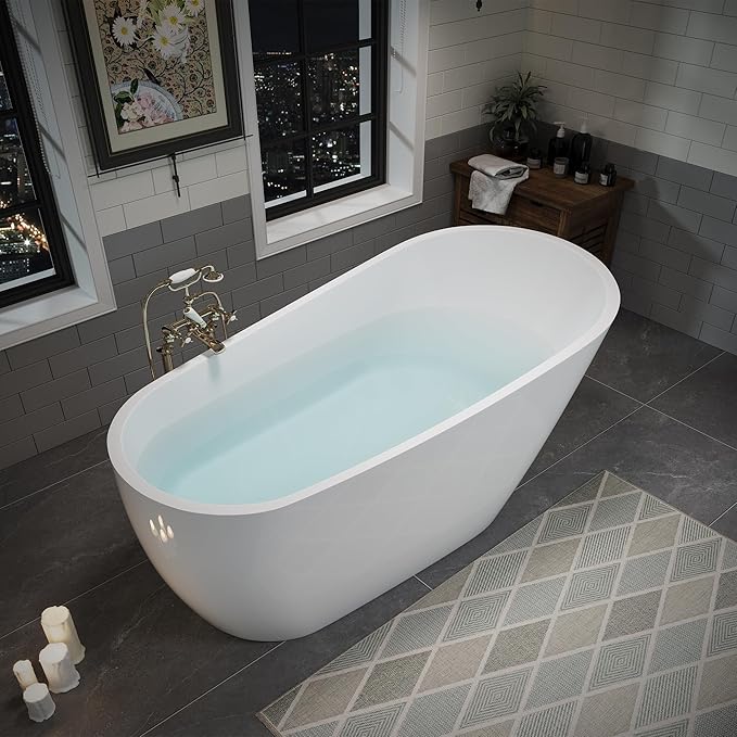 ABRUZZO 63" Acrylic Freestanding Bathtub - Deep Soaking Tub with Pop-Up Drain & Overflow, Glossy White Standalone Bathtub for Modern Bathroom, Fiberglass Reinforced Construction