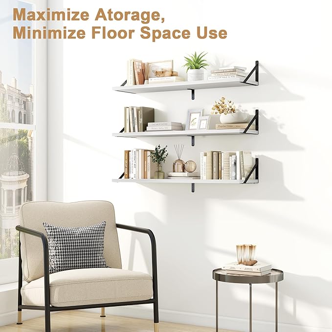 Fun Memories Floating Shelves for Wall, 36 Inches Long Set of 3 Wall Shelves for Bedroom, Floating Bookshelves with Metal Brackets for Living Room, Kitchen, Bedroom and Laundry Room (White)