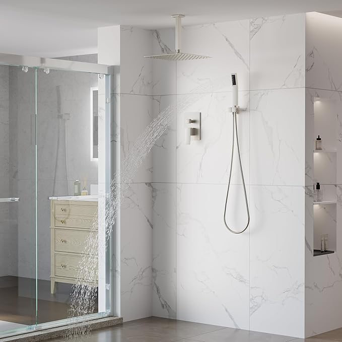 WELLFOR 12-In Ceiling Mount Shower System with Single Handle, Pressure-balanced Valve Included, Waterfall Dual Head Shower Head System, Rain Shower System, Shower Faucet Trim Kits, Brushed Nickel