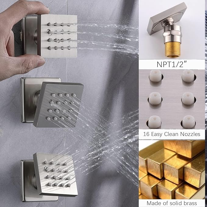 Shower System Brushed Nickel Shower Faucet Set, Digital Tempreature Display Shower Faucet with 12 inch Ceiling Mount and 8 inch Wall Mount Shower Head, with 6 PCS Body Jet, Handheld Spray