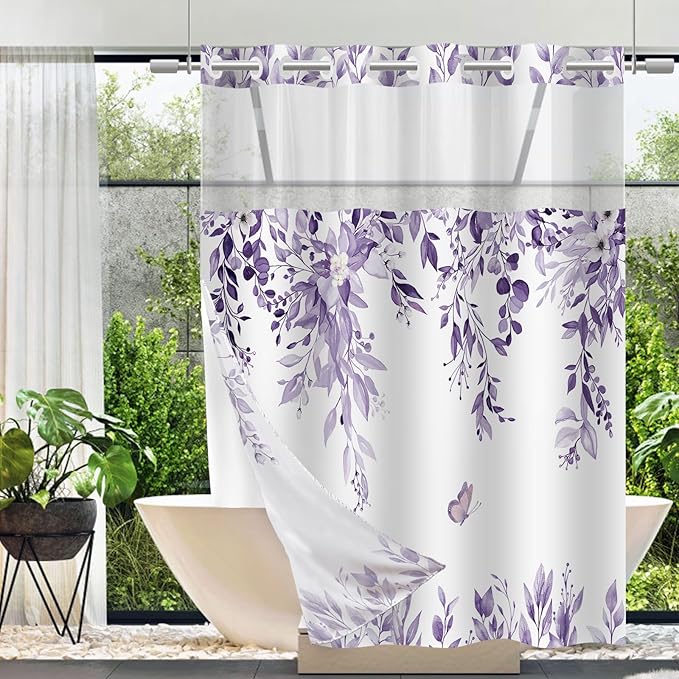 No Hook Shower Curtain and Liner Set, Light Purple Eucalyptus Floral Shower Curtains for Bathroom, Bath Curtain Sets with Snap in Liner, Waterproof with See Through Top Window, 71x74 Inches