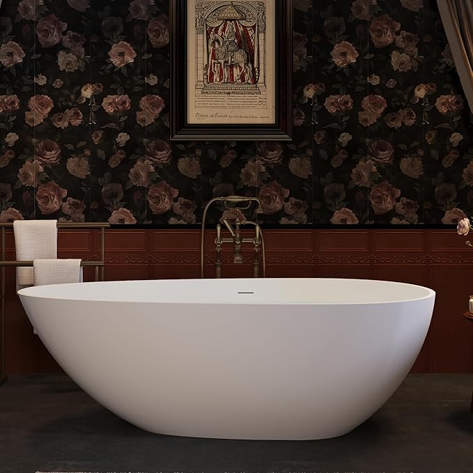 Abruzzo 67“ Solid Surface Freestanding Bathtub, Egg Shell Shaped Stone Resin Freestanding Tubs, Contemporary Oval Soaking Tubwith Overflow in Matte White, cUPC Certified