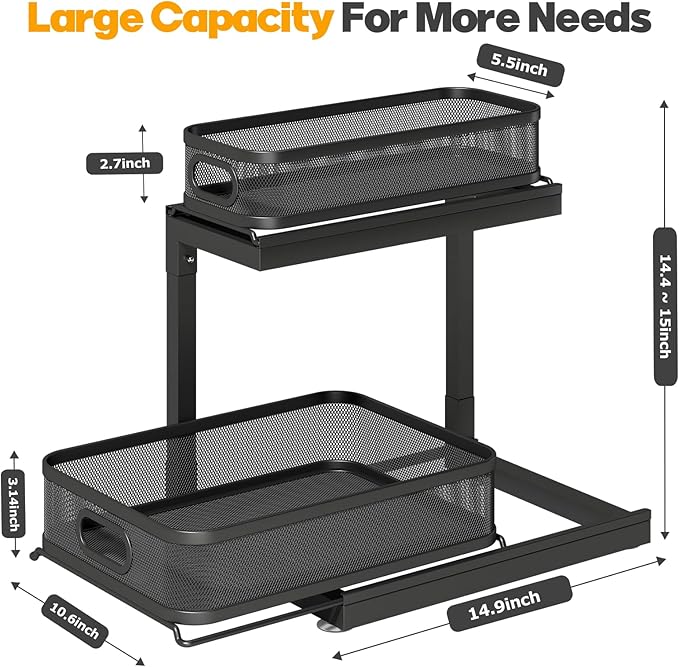 1-Pack Under Sink Storage Organizer with 2-Tier Slide Out Drawer, Sophisticated Mesh Pull Out Shelf for Kitchen & Bathroom, Fits Small Items, Upgraded Arched Track for Smooth Gliding-Black
