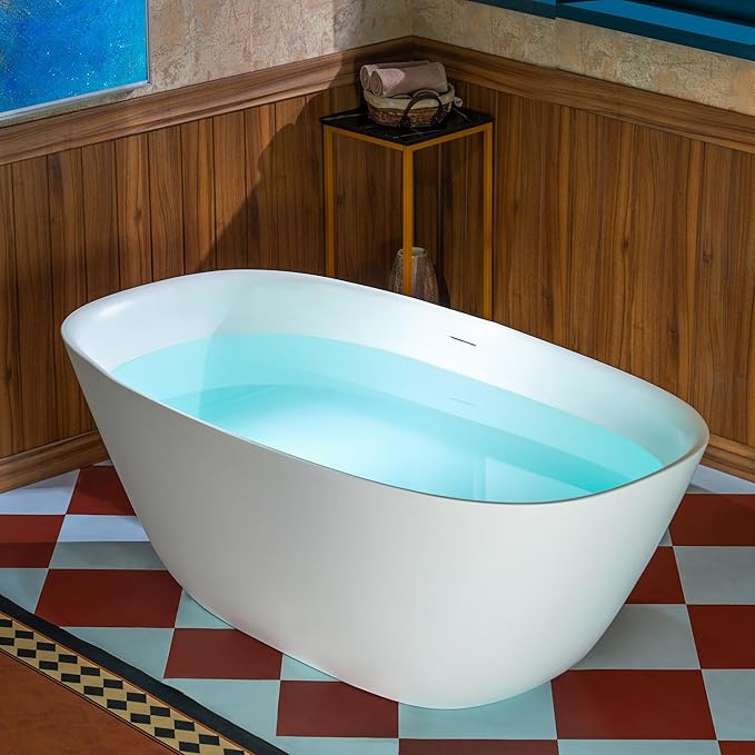 WOODBRIDGE 59" L x 32-5/8" W Luxury Contemporary Solid Surface Stone Resin Freestanding Bathtub in Matte White