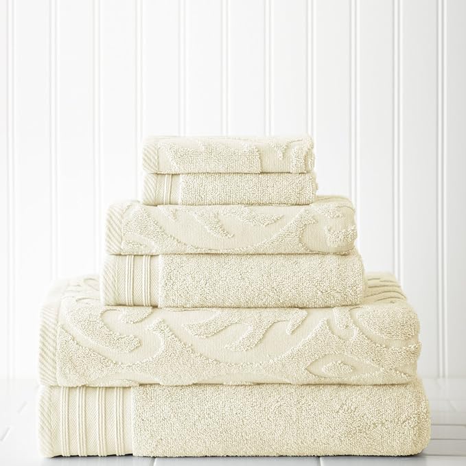 Modern Threads 6 Piece Jacquard/Solid Towel Set-Medallion Swirl Ivory