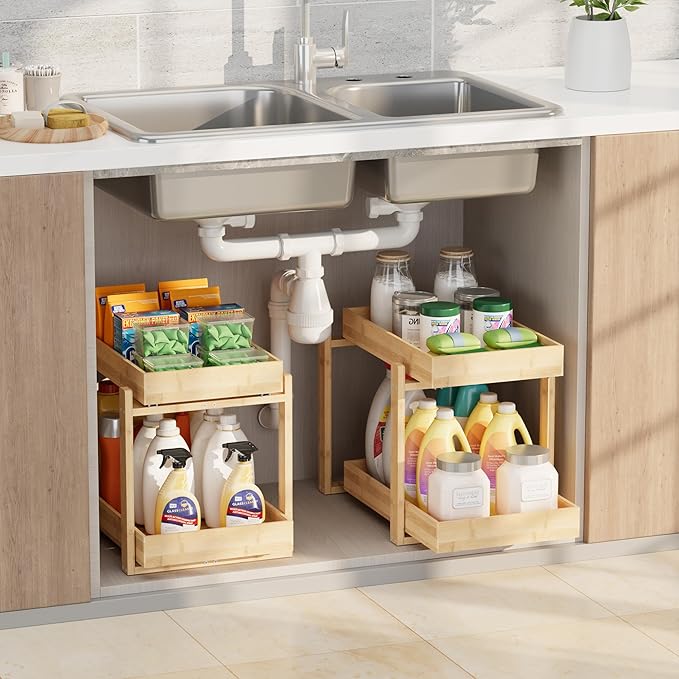 2 Pack Under Sink Organizer, Bamboo Wooden 2-Tier Pull-Out Storage with Sliding Drawers for Kitchen and Bathroom Cabinets, Easy Installation (Natural, 1 pack)