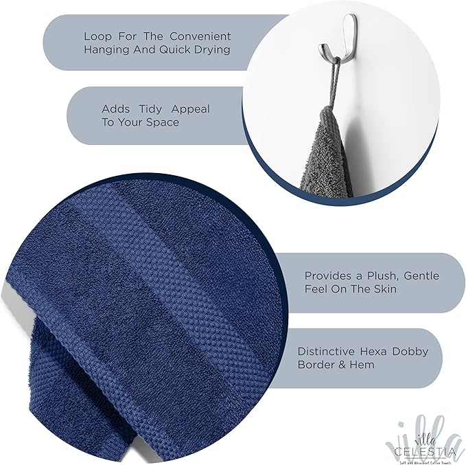 100% Cotton Hand Towel Set of 2, (16 x 28 inches) Sustainable, Soft, Highly Absorbent, Quick Drying, Combed Cotton Hand Towels Pack of 2 Ideal for Hotels, Spa, Bathroom, Dorm, Navy Blue