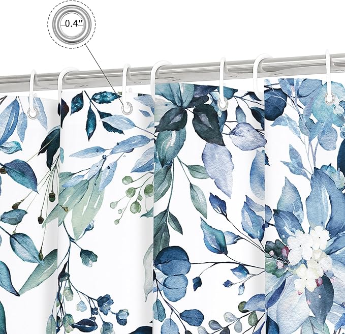 Gibelle Long Shower Curtain 72 x 78, Blue Floral Shower Curtain for Bathroom, Watercolor Plant Eucalyptus Leaves Fabric Shower Curtain Set