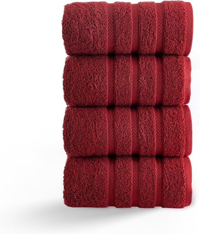 HALLEY Turkish 4 Pack Premium Hand Towels (4 Pieces) 650 GSM Highly Absorbent Super Soft 100% Cotton - 4 Hand Towels (Red)