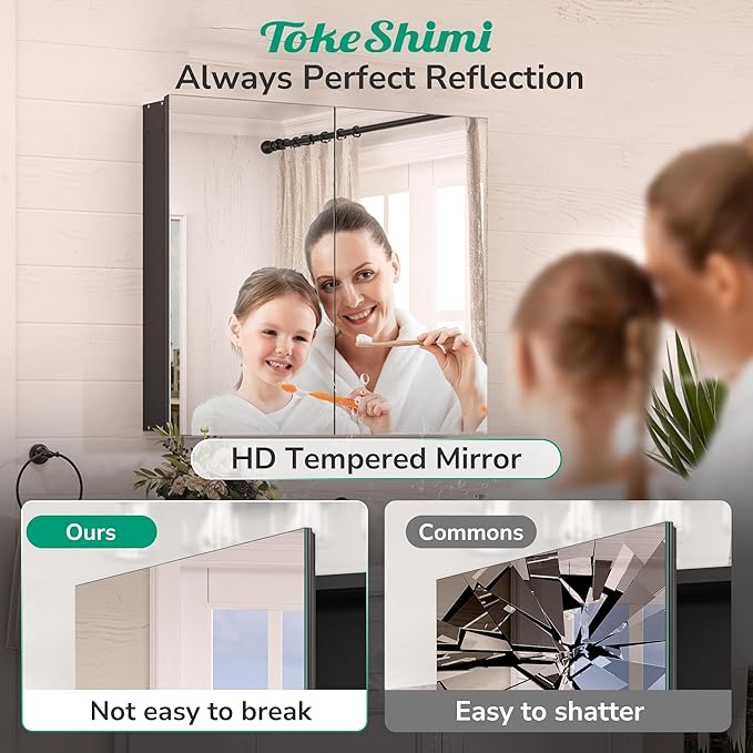TokeShimi 16 x 24 Mirrored Medicine Cabinet Recessed or Surface Mount, Aluminum Tempered Black Bathroom Medicine Cabinet with Mirror with Adjustable Storage Metal for Modern Farmhouse