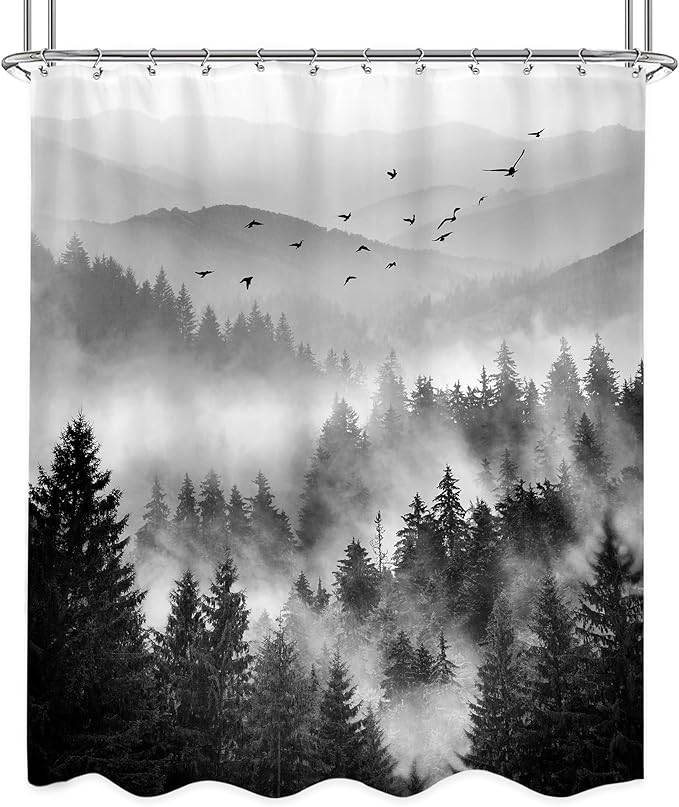 Riyidecor Mountain Shower Curtain 60Wx72H Inch Black Pine Tree Nature Scenery Woodland Landscape Rustic Mens Bathroom Decor Fabric Polyester Waterproof 12 Pack Hooks