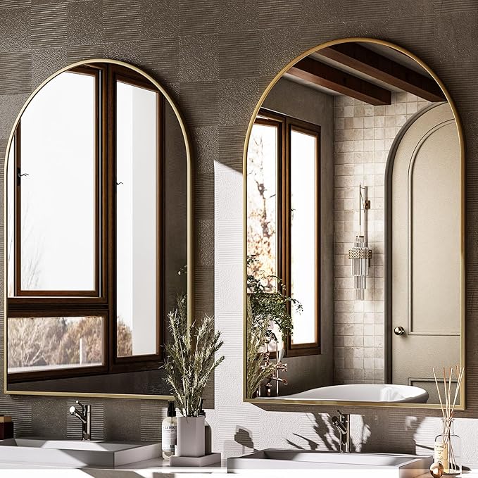 HARRITPURE Arched Wall Mirror – 24"x36" Arch Bathroom Mirror, Gold Metal Frame Vanity Mirrors for Bedroom, Entryway, Living Room Home Decor