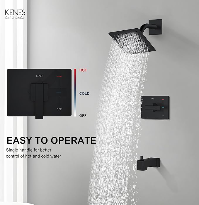 KENES Tub Shower Faucet Set Complete, Matte Black Tub and Shower Trim Kit with 6-Inch Rain Shower Head, Square Shower System, KE-6025A-2 (Shower Valve Included)