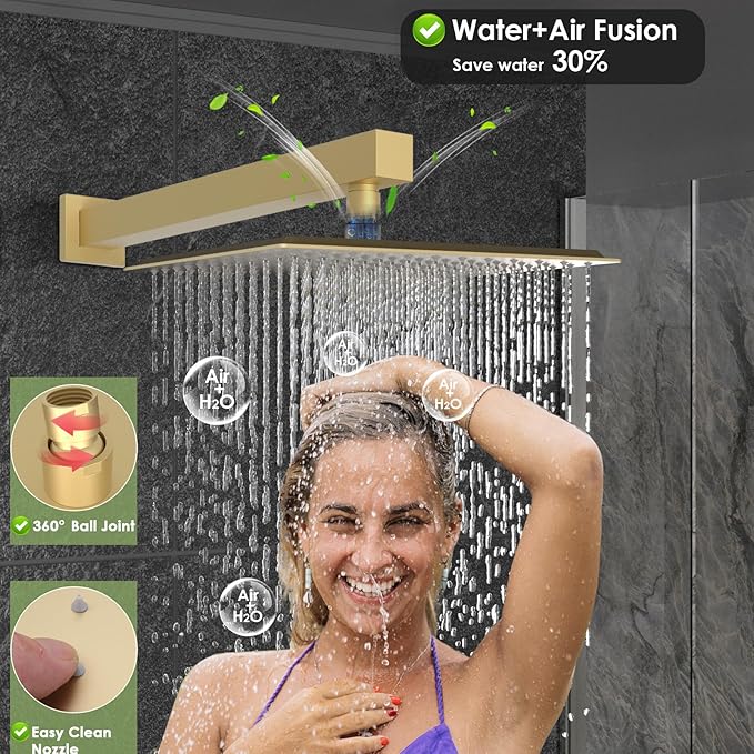 Enga Dual Shower Head System with Body Jets, 12"+ 6" Wall Mounted Dual Rain Shower Faucet with Valve Kit, Brushed Gold