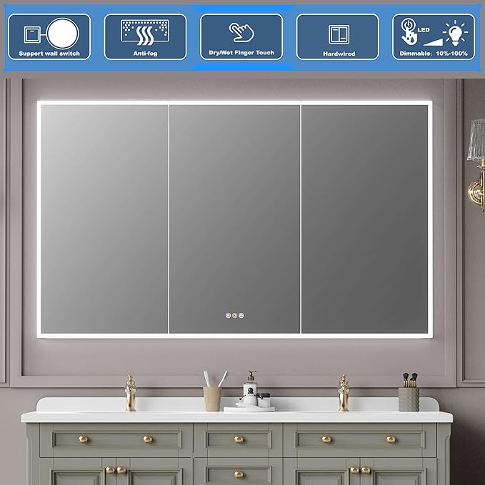 Recessed Medicine Cabinets for Bathroom with Mirror, Only Recessed Medicine Cabinet with Defogger, Dimmer, Outlets & USB, Three Doors