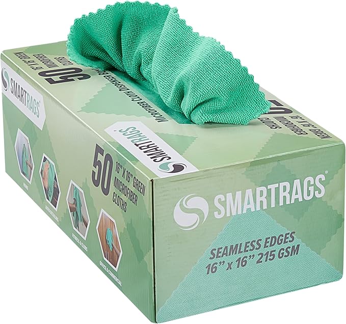 Arkwright Smart Rags in Box - (Pack of 50) Lint Free, Large Microfiber Cleaning Cloth, Scratch & Streak-Free, Dispensable Wash Towels for Cars, Kitchen, and Window Glass, Green