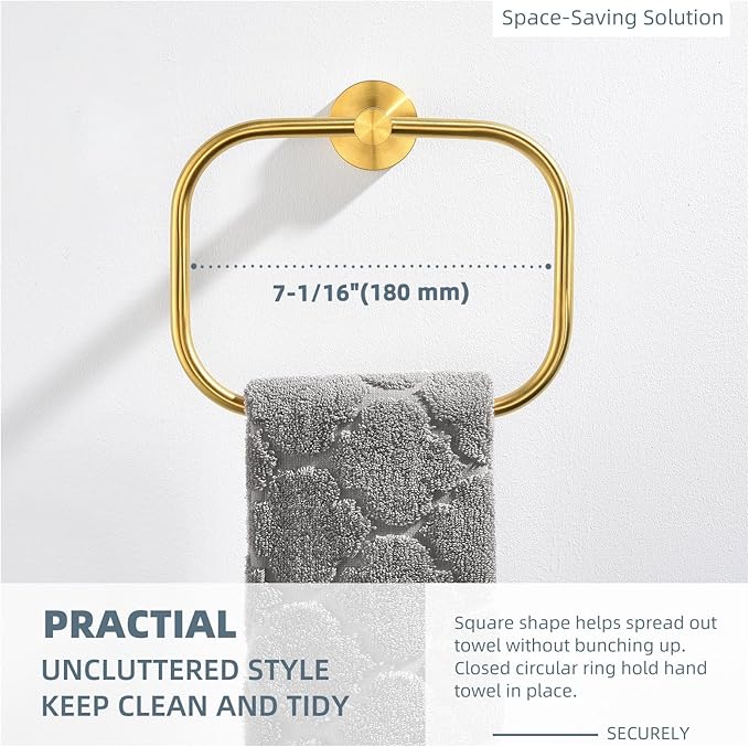 Angle Simple Square Towel Ring Brassy Gold, SUS 304 Stainless Steel Swivel Hand Towel Holder for Bathroom, Wall Mount, 7.87 Inches